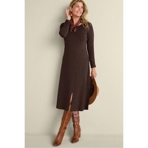 Soft Surroundings Annette Dress Size Medium Brown Midi Long‎ Ruched Sleeve Knit